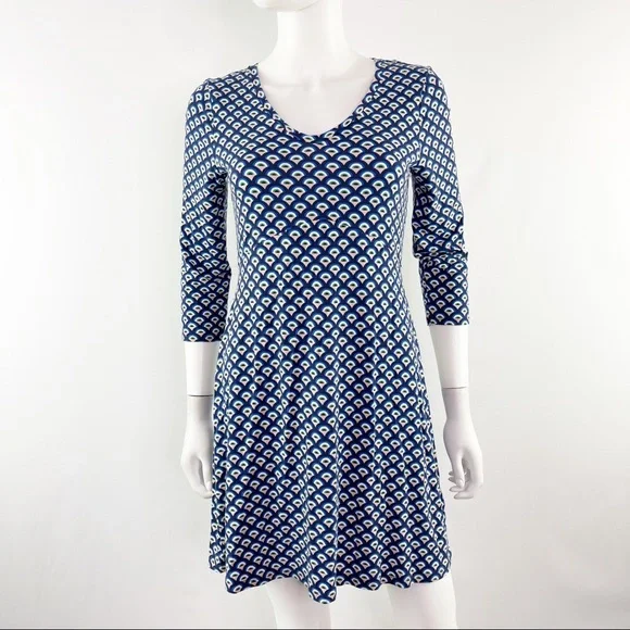 Boden Long Blue Patterned 3/4 Sleeve Short V-Neck Dress Size 6 - Picture 1 of 8
